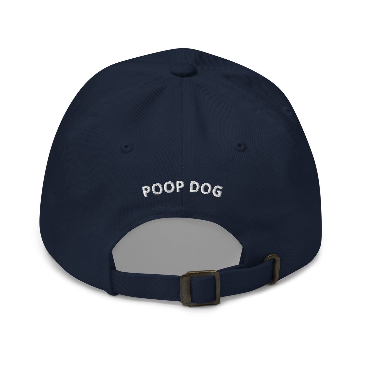 Back of Navy hat with Poop Dog text in the middle