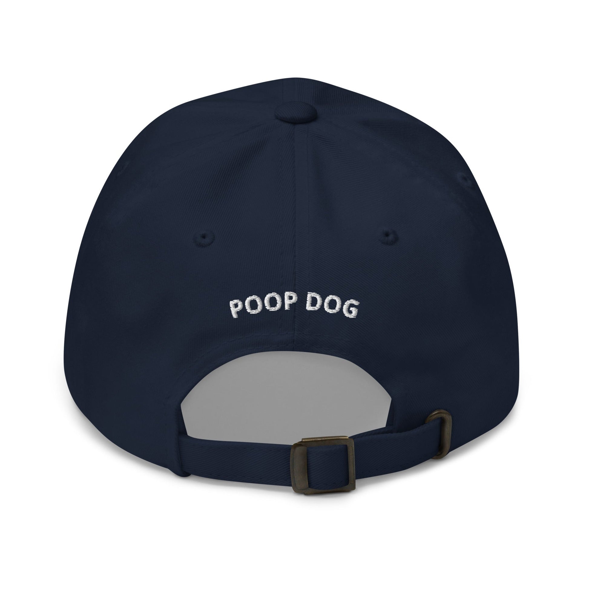 Back of Navy hat with Poop Dog text in the middle
