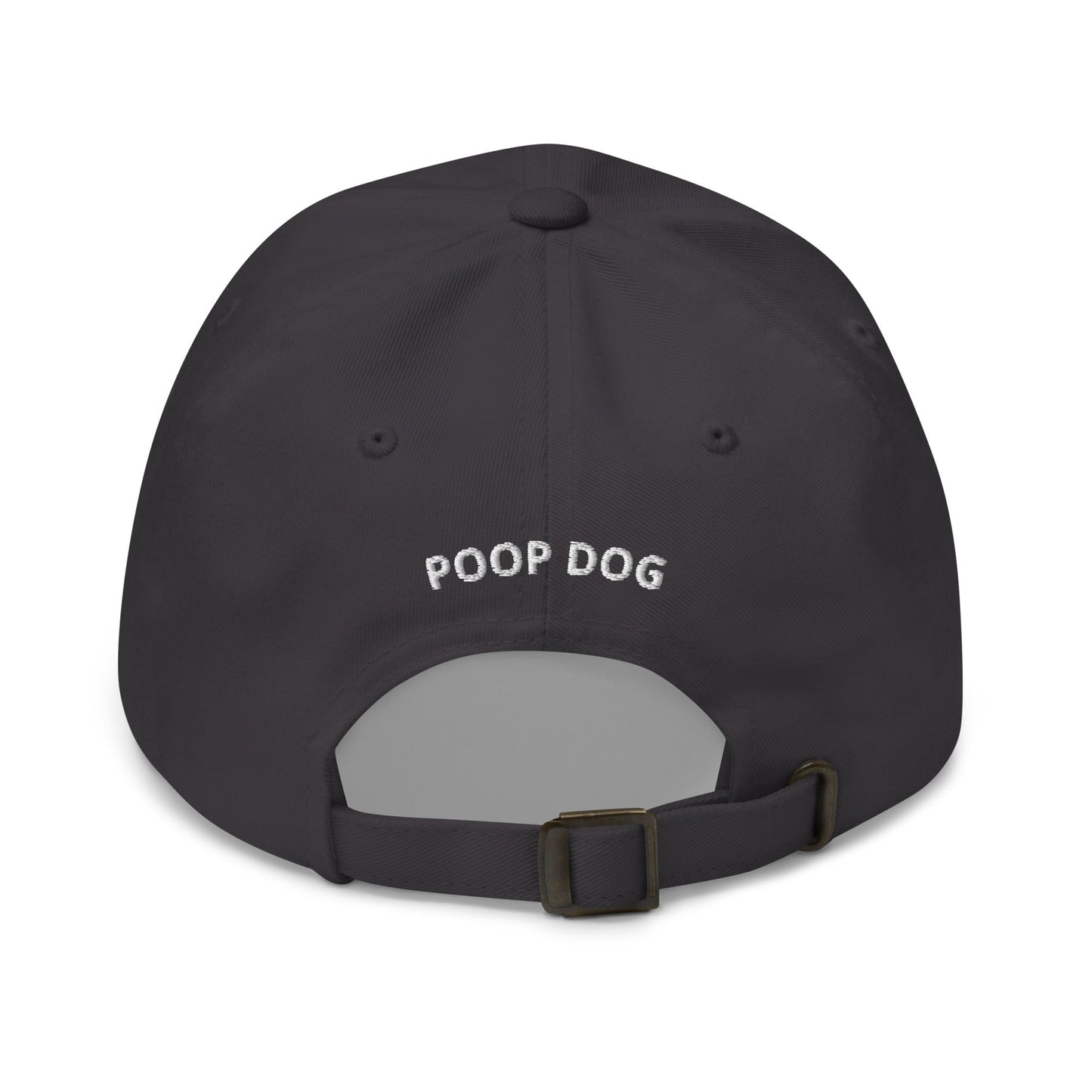 Back of Dark Grey hat with Poop Dog text in the middle