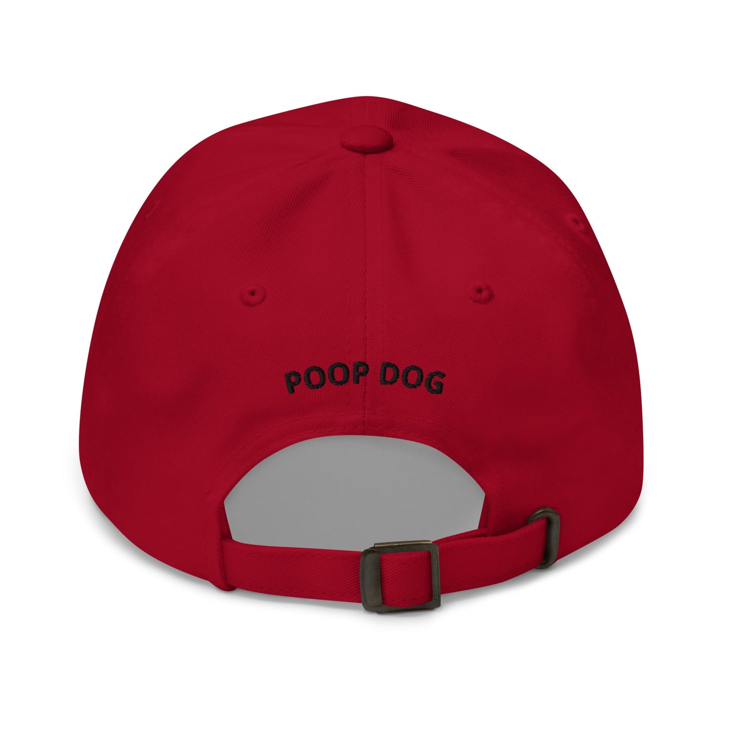 Back of Cranberry hat with Poop Dog text in the middle