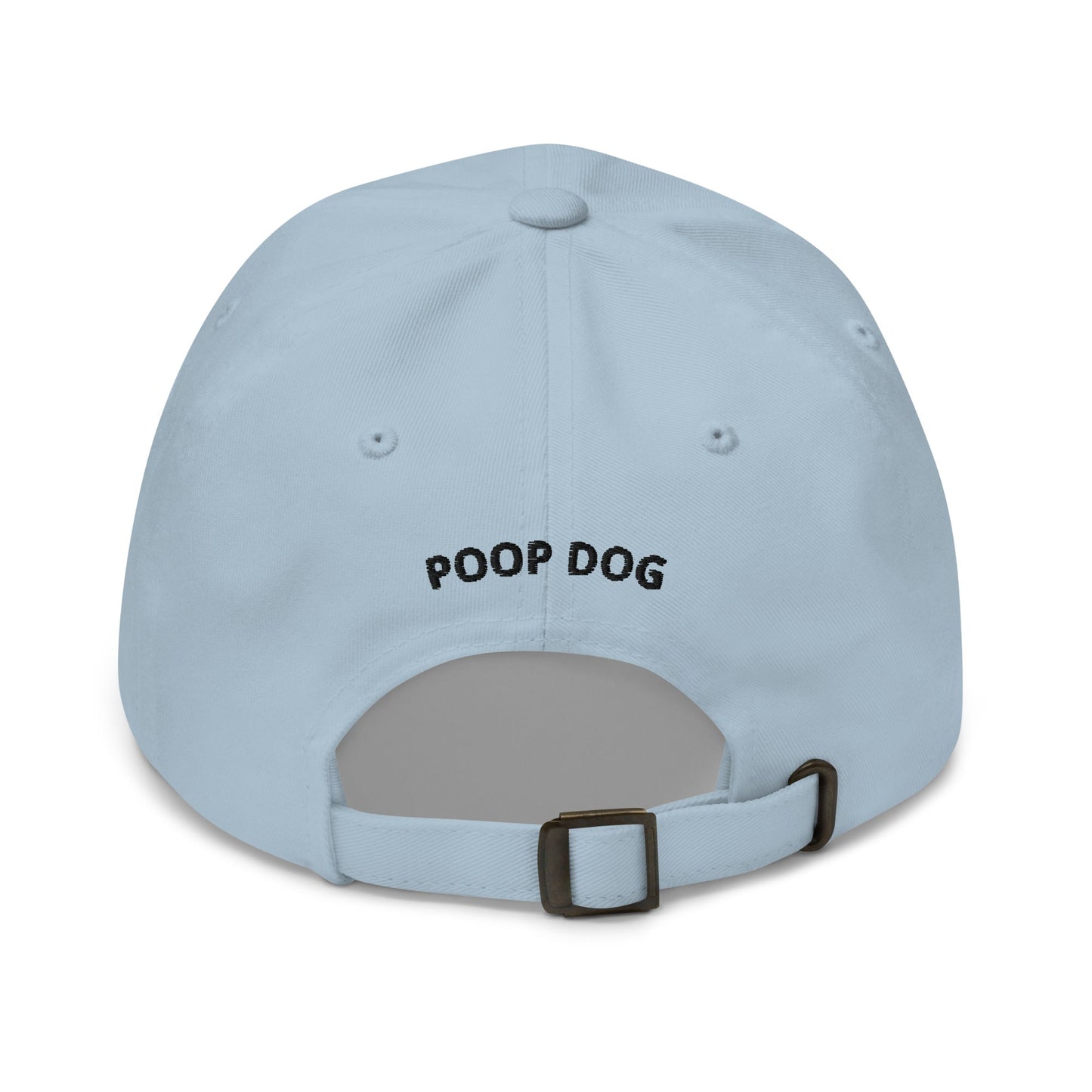 Back of Light Blue hat with Poop Dog text in the middle