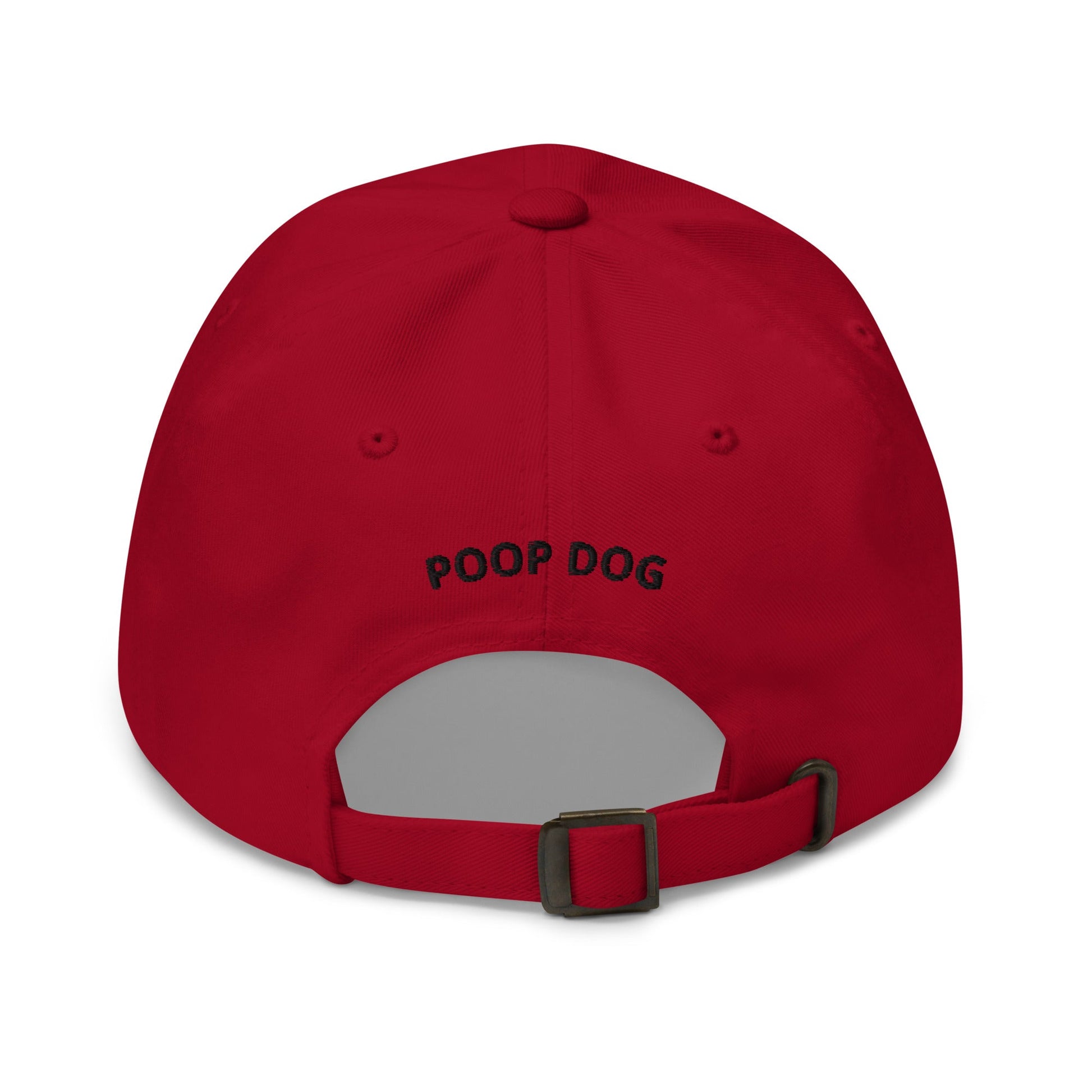 Back of Cranberry hat with Poop Dog embroidered in the middle