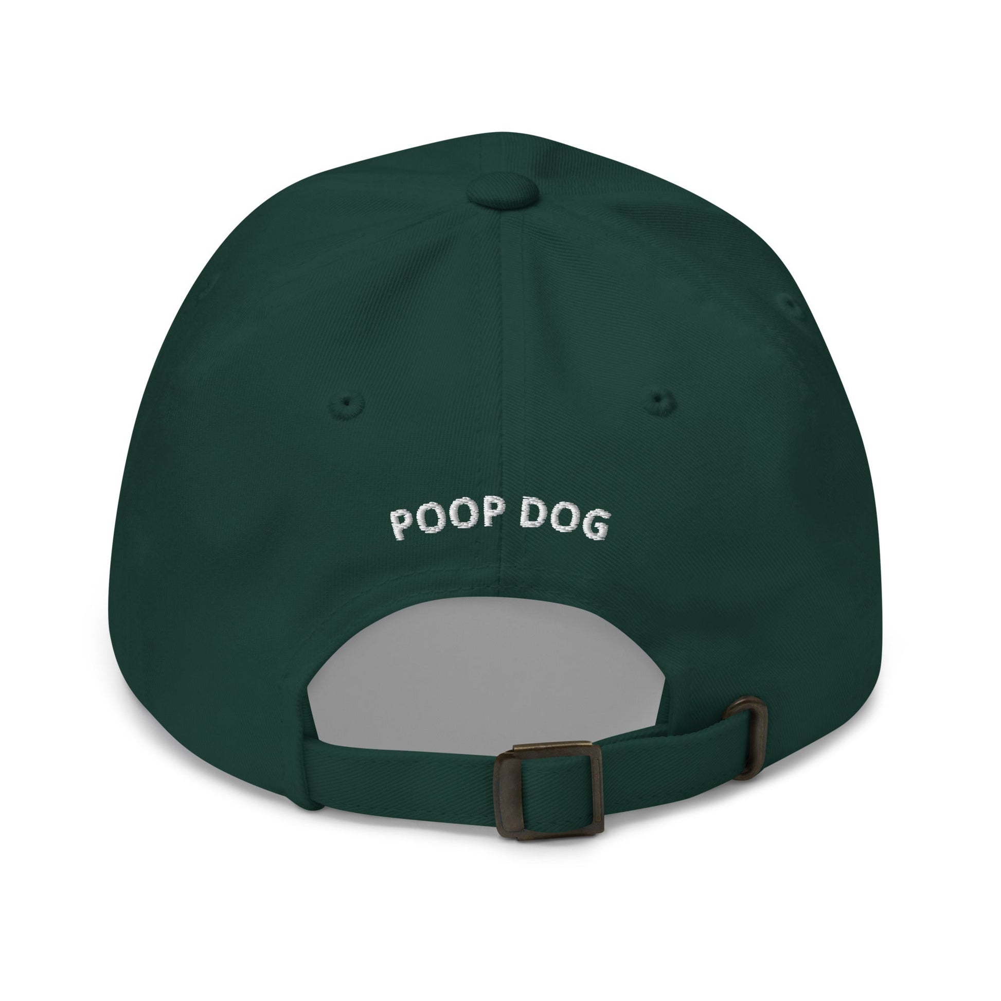 Back of Spruce hat with Poop Dog embroidered in the middle
