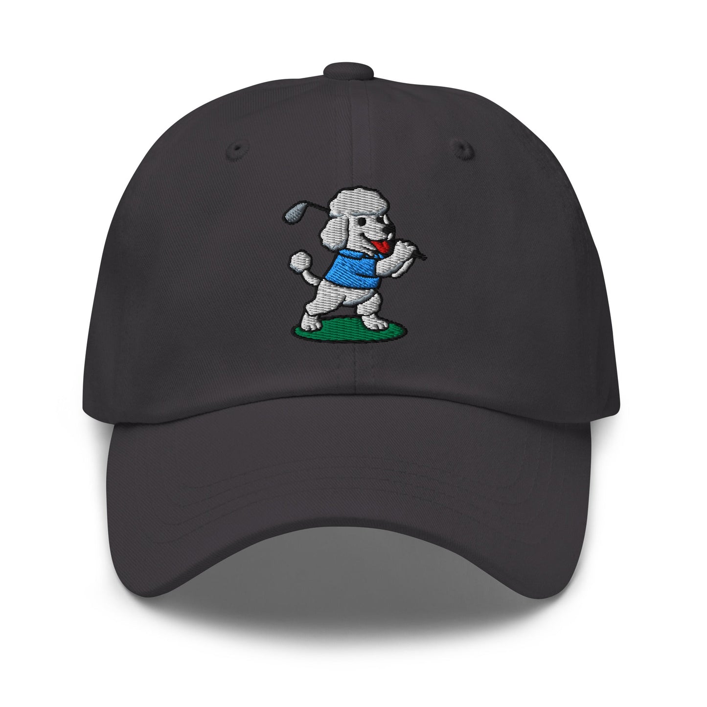 Back of Dark Grey hat with Poop Dog embroidered in the middle