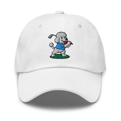 Front of White hat with image of Poodle - Dad Hat - Poop Dog