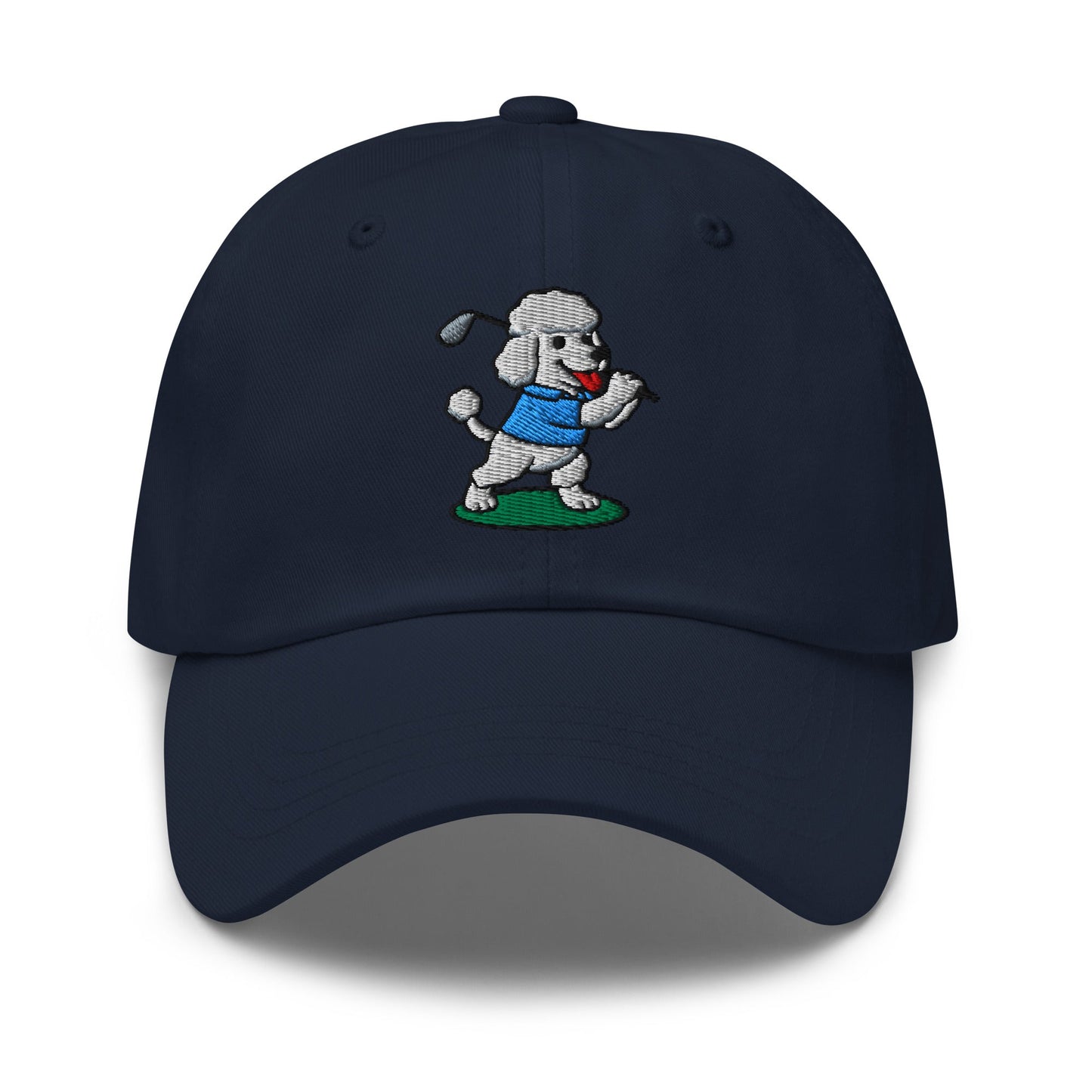 Front of Navy hat with image of Poodle - Dad Hat - Poop Dog