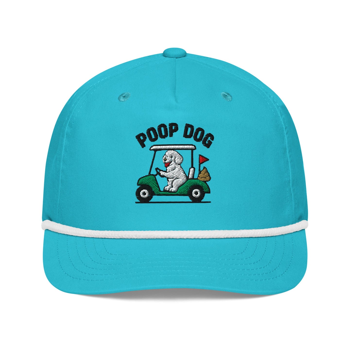 Front of Turquoise/White hat with image of a poodle riding a golf cart with the words Poop Dog above