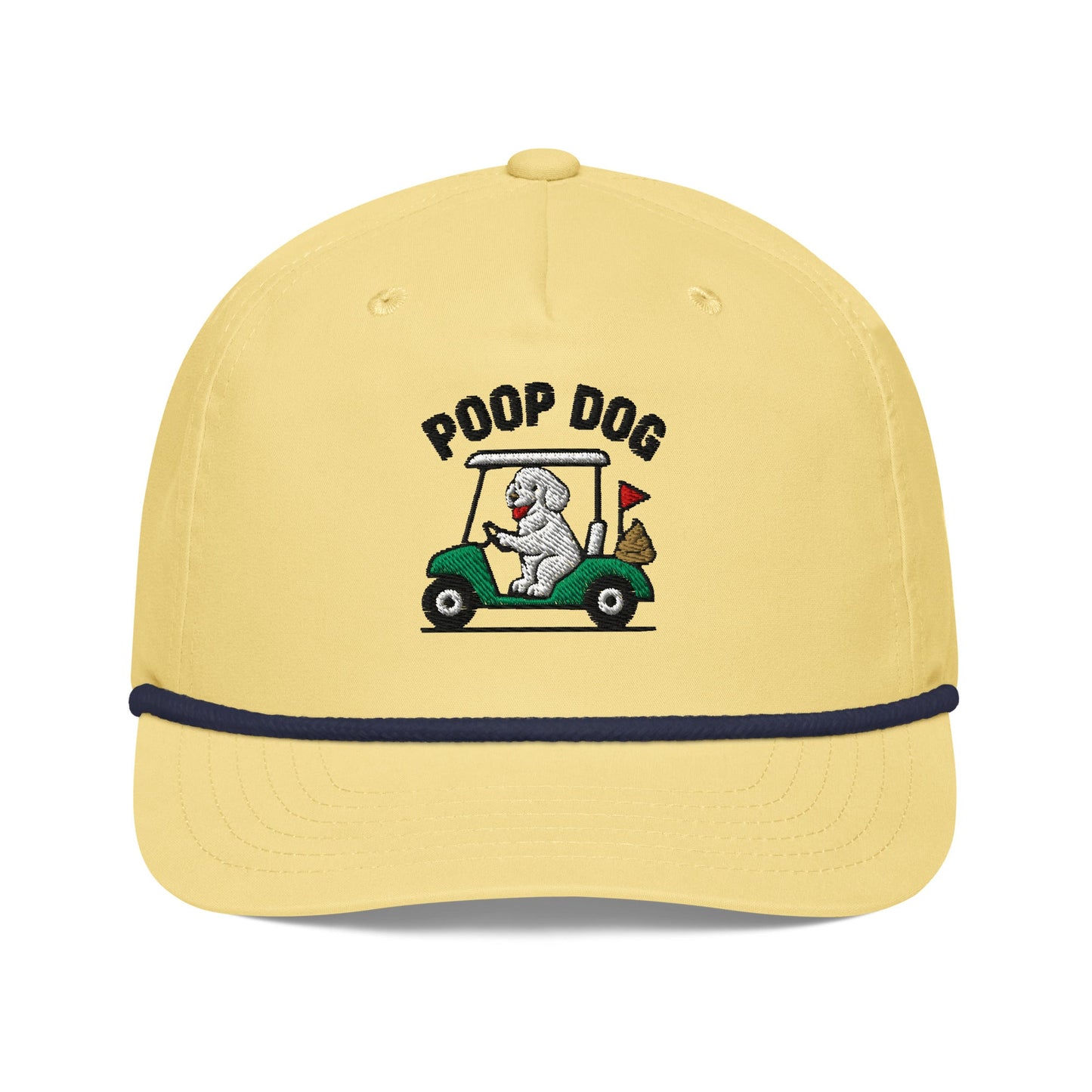 Front of Yellow/Navy hat with image of a poodle riding a golf cart with the words Poop Dog above
