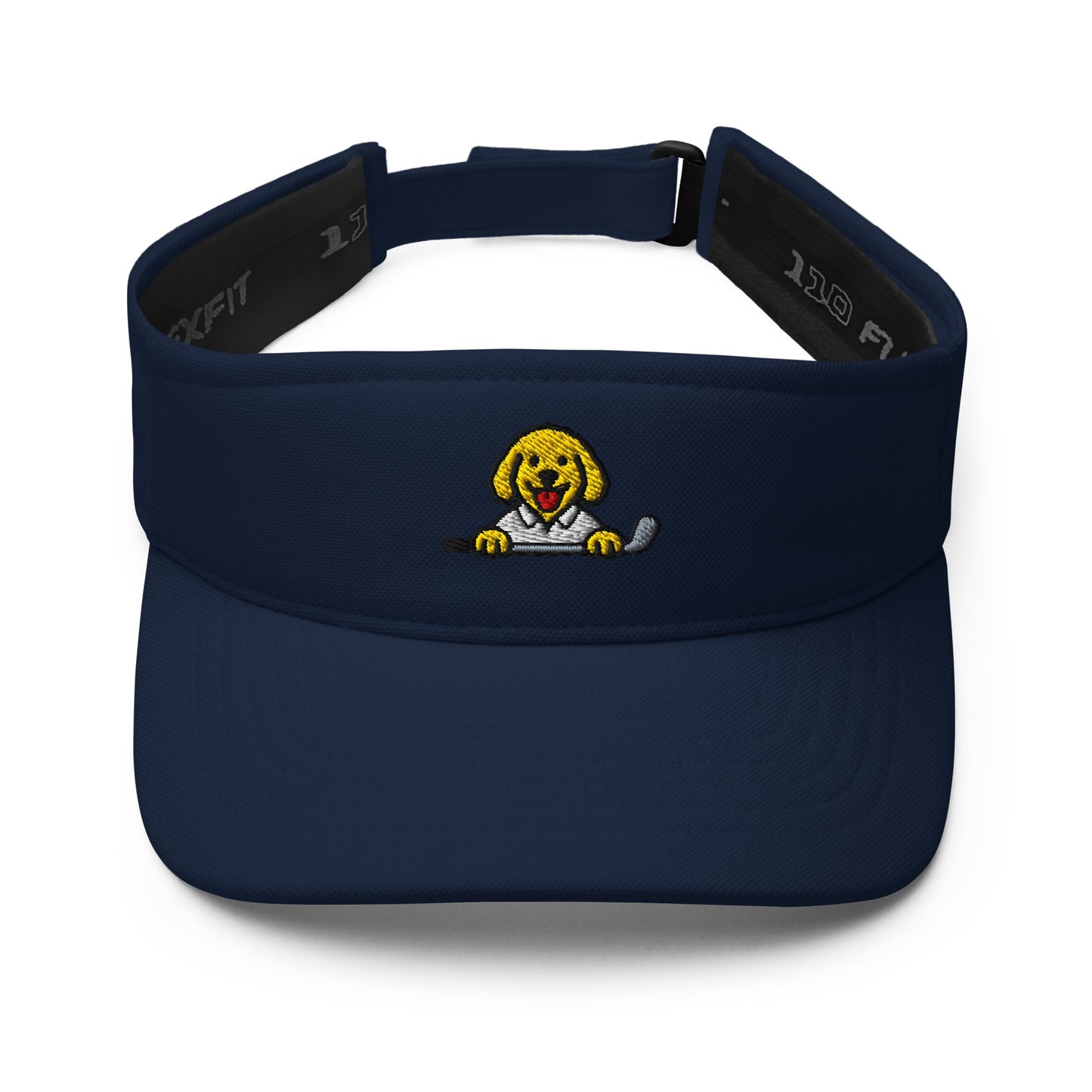 Navy visor with embroidered Poop Dog holding a golf club logo on a white background
