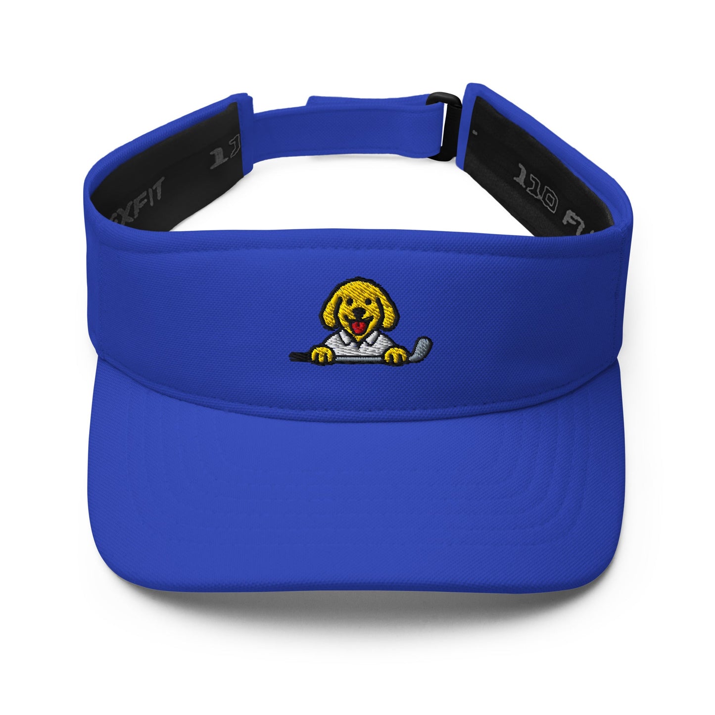 Royal visor with embroidered Poop Dog holding a golf club logo on a white background