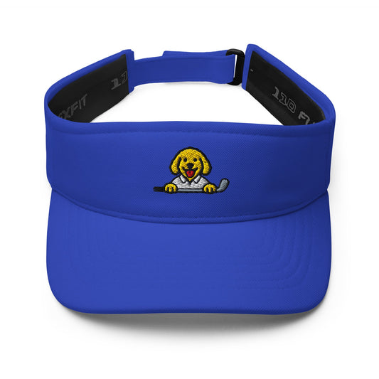 Royal visor with embroidered Poop Dog holding a golf club logo on a white background